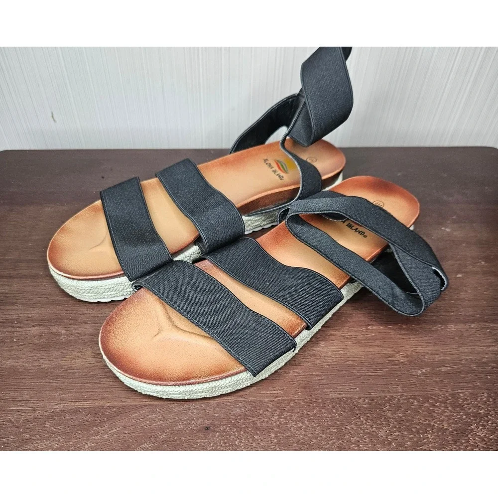 Aloha Island Sandals Women 4M Black Elastic Strappy‎ Platform Espadrille Comfort